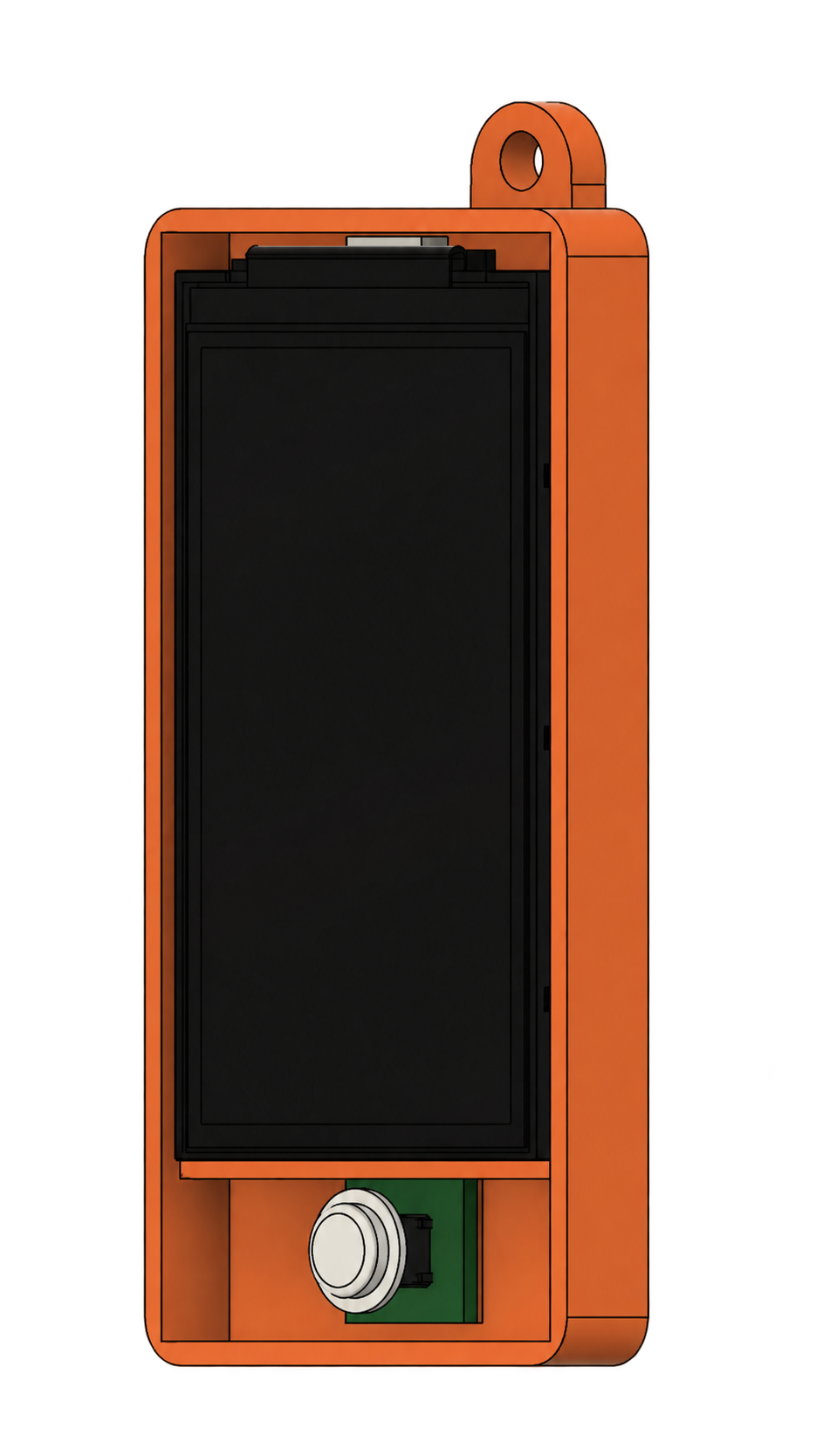 Front CAD view of the handheld AI module showing a large screen and one button.