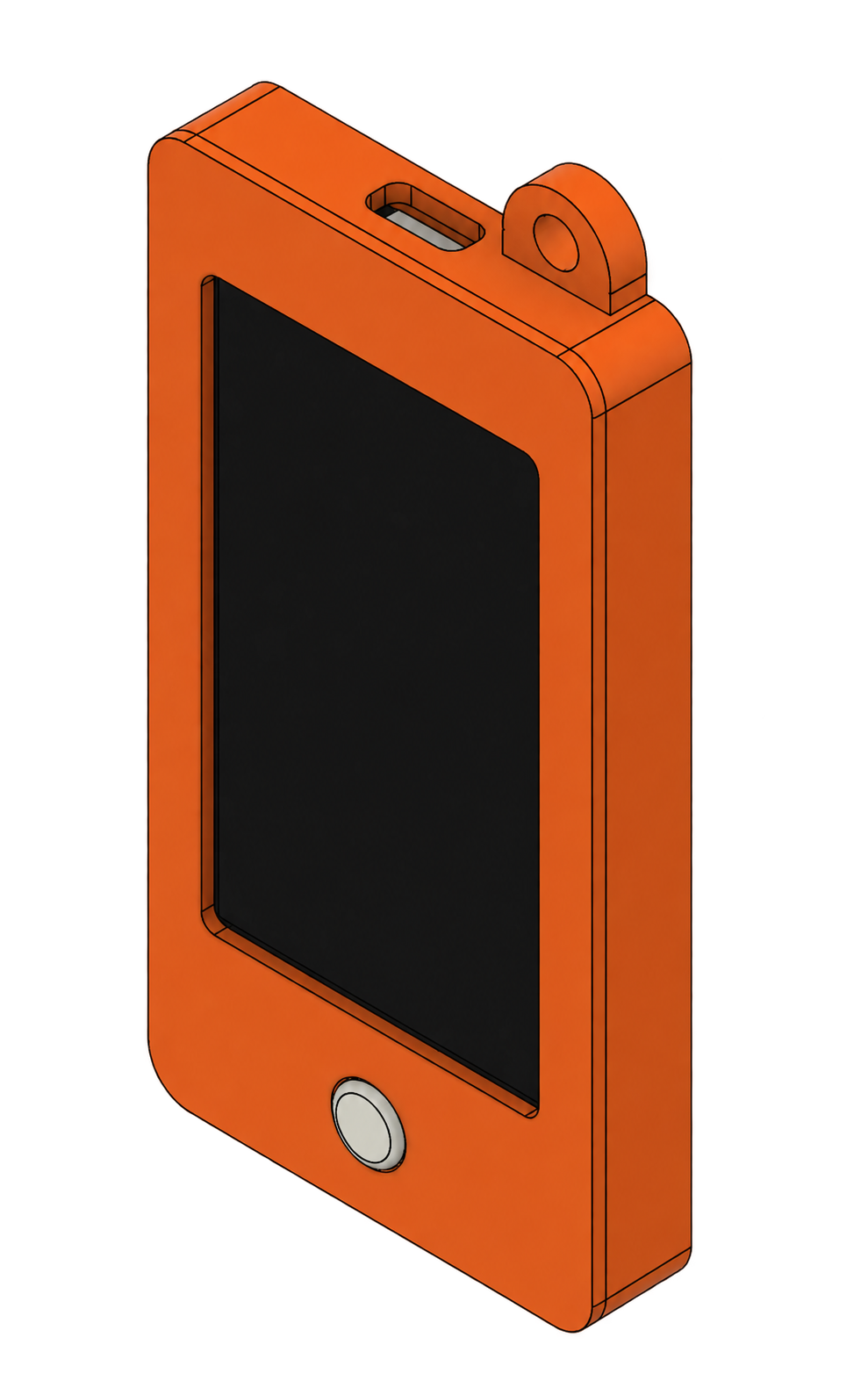 Isometric CAD view of the orange handheld AI module enclosure.