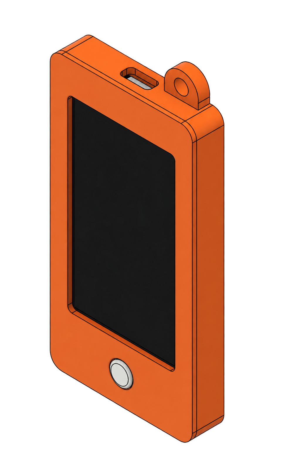 Isometric CAD view of an orange pocket-sized handheld AI module with display, button, and attachment loop.