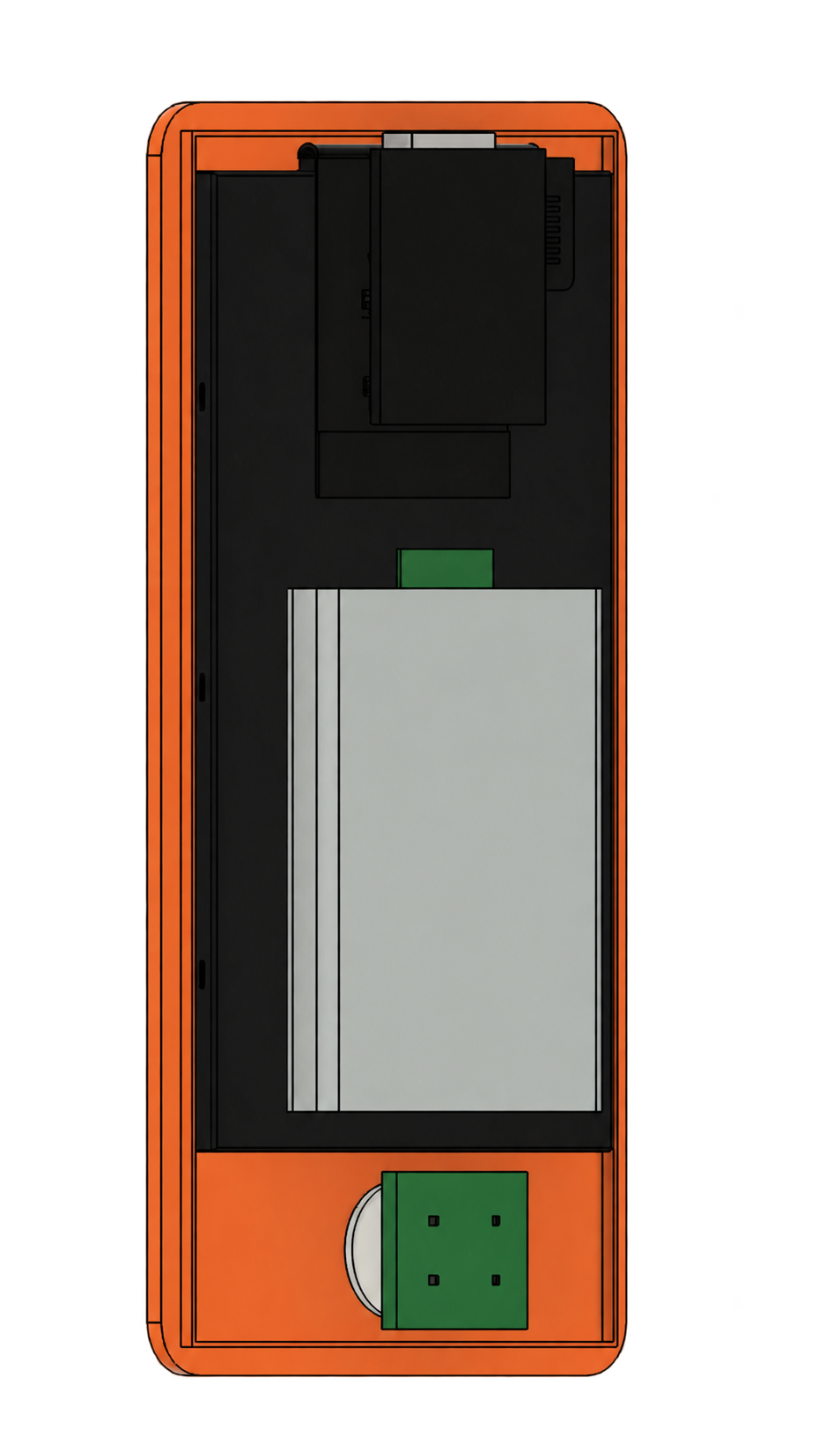 Rear CAD view of the handheld AI module with internal modules and battery packaging.