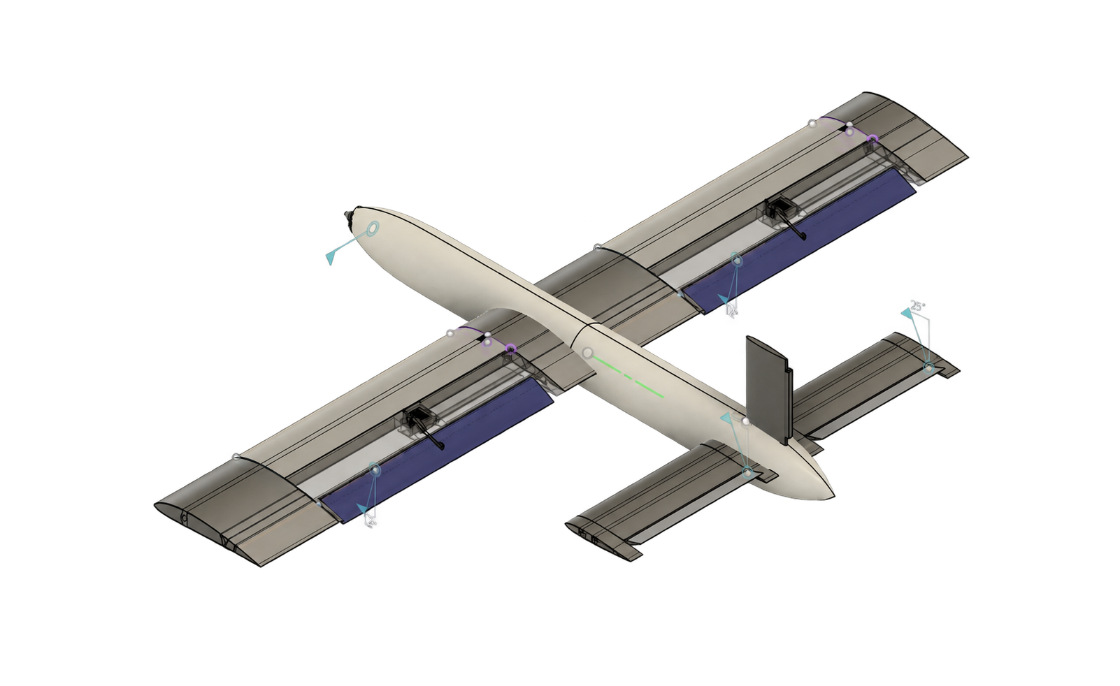 Rear isometric CAD view of the modular RC aircraft on a transparent background.