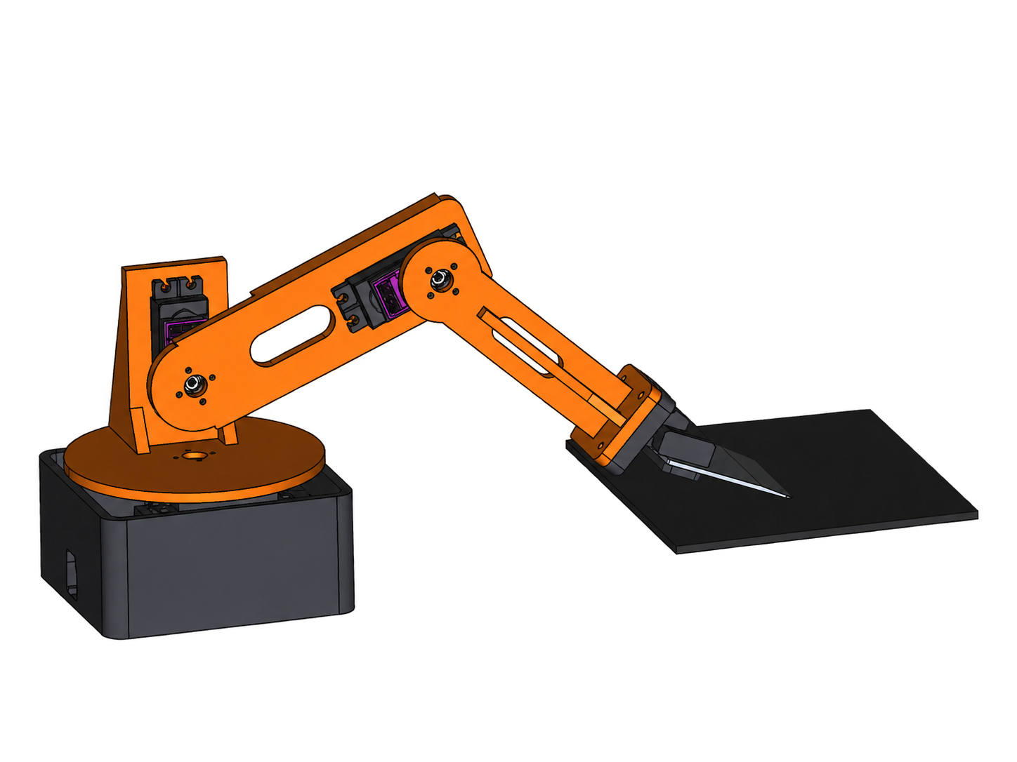 Transparent CAD view of the full robot arm with scraper