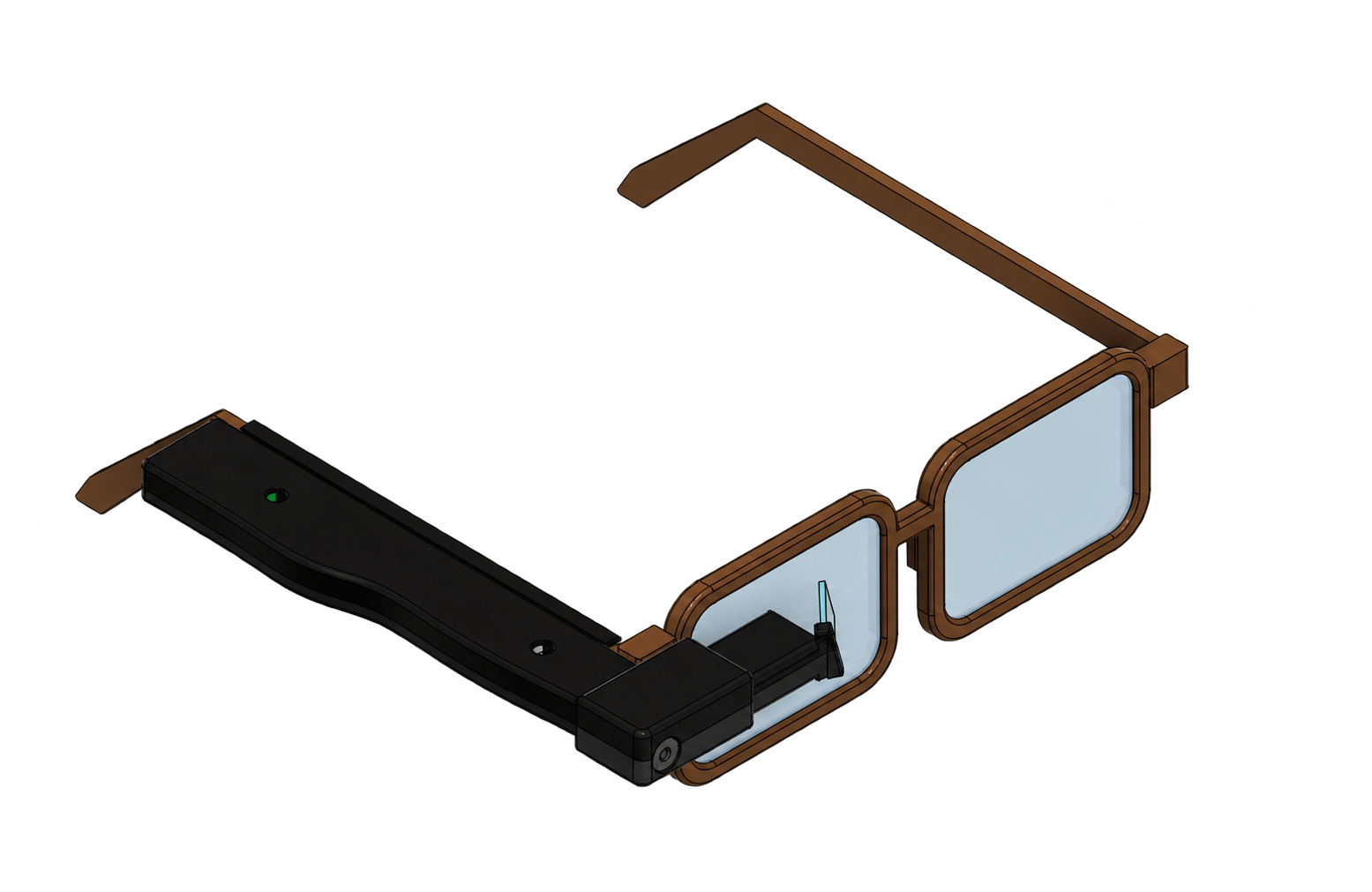 Closed V3 enclosure mounted on the glasses frame